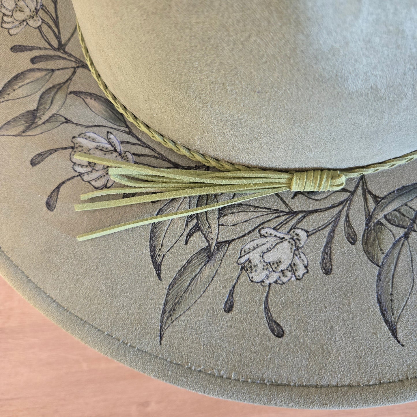 Sage Green Vegan Suede Fedora "Spring Buds"