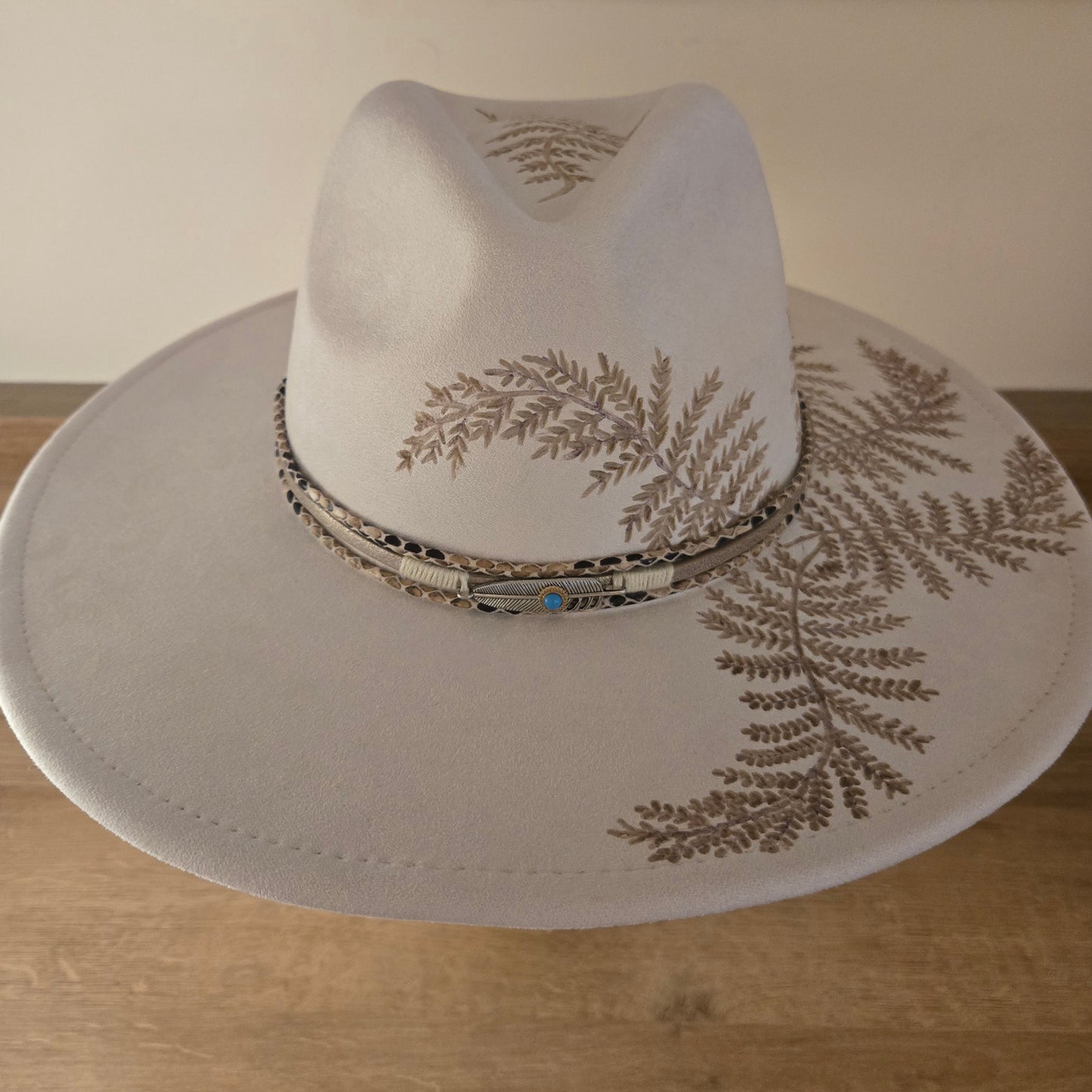 Soft White Hand Burned Fedora "Soft Ferns"