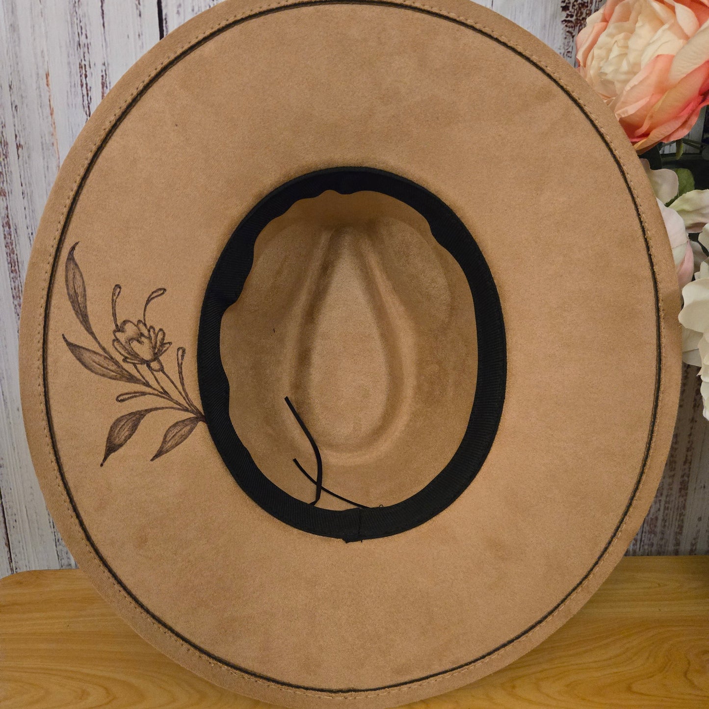 Hand Burned Fedora Hat – Tan Vegan Suede - 'Blooms'