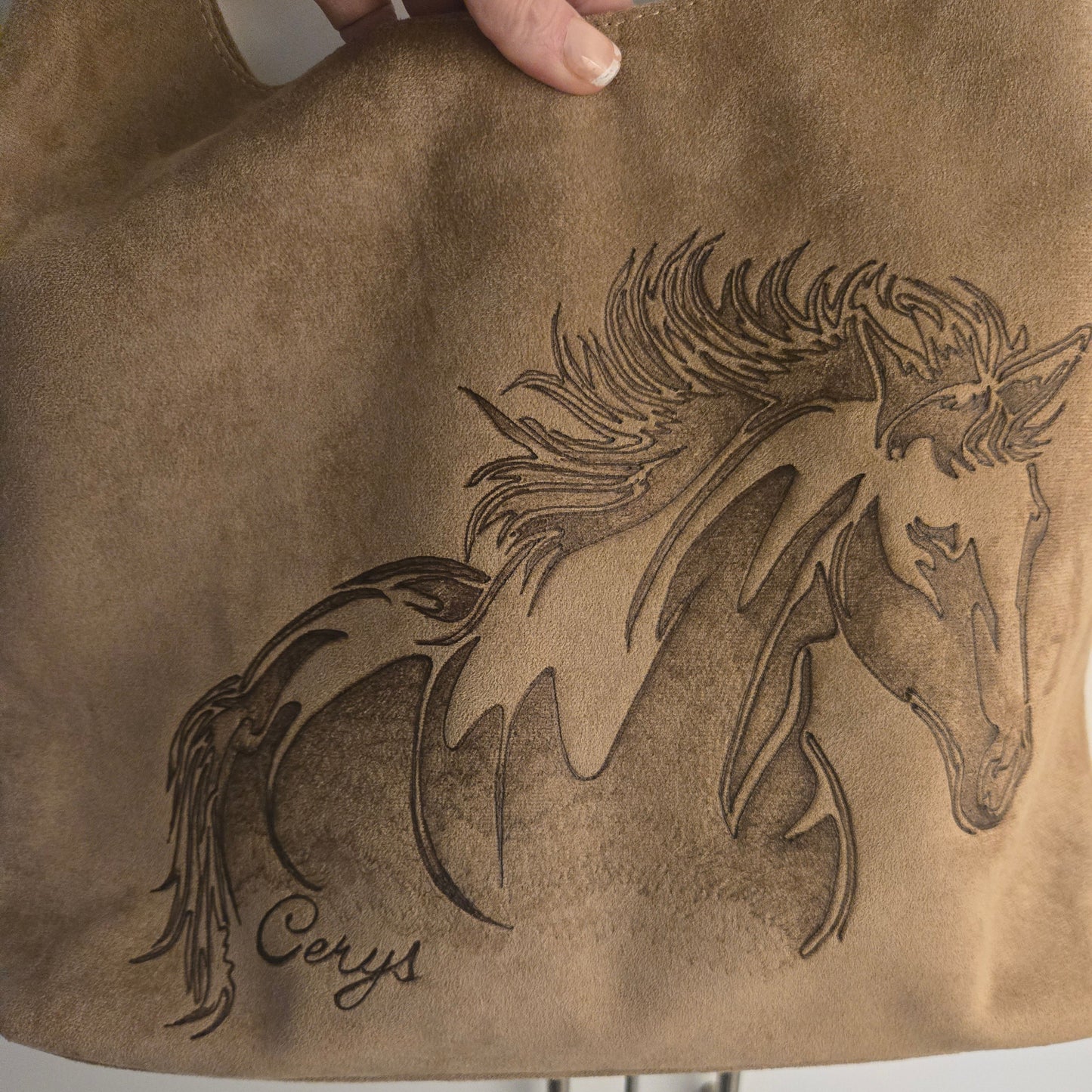 Tan Vegan Suede Bag Embellished with Hand Burned "Wild Horse"
