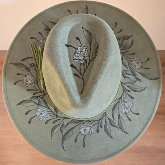 Sage Green Vegan Suede Fedora "Spring Buds"
