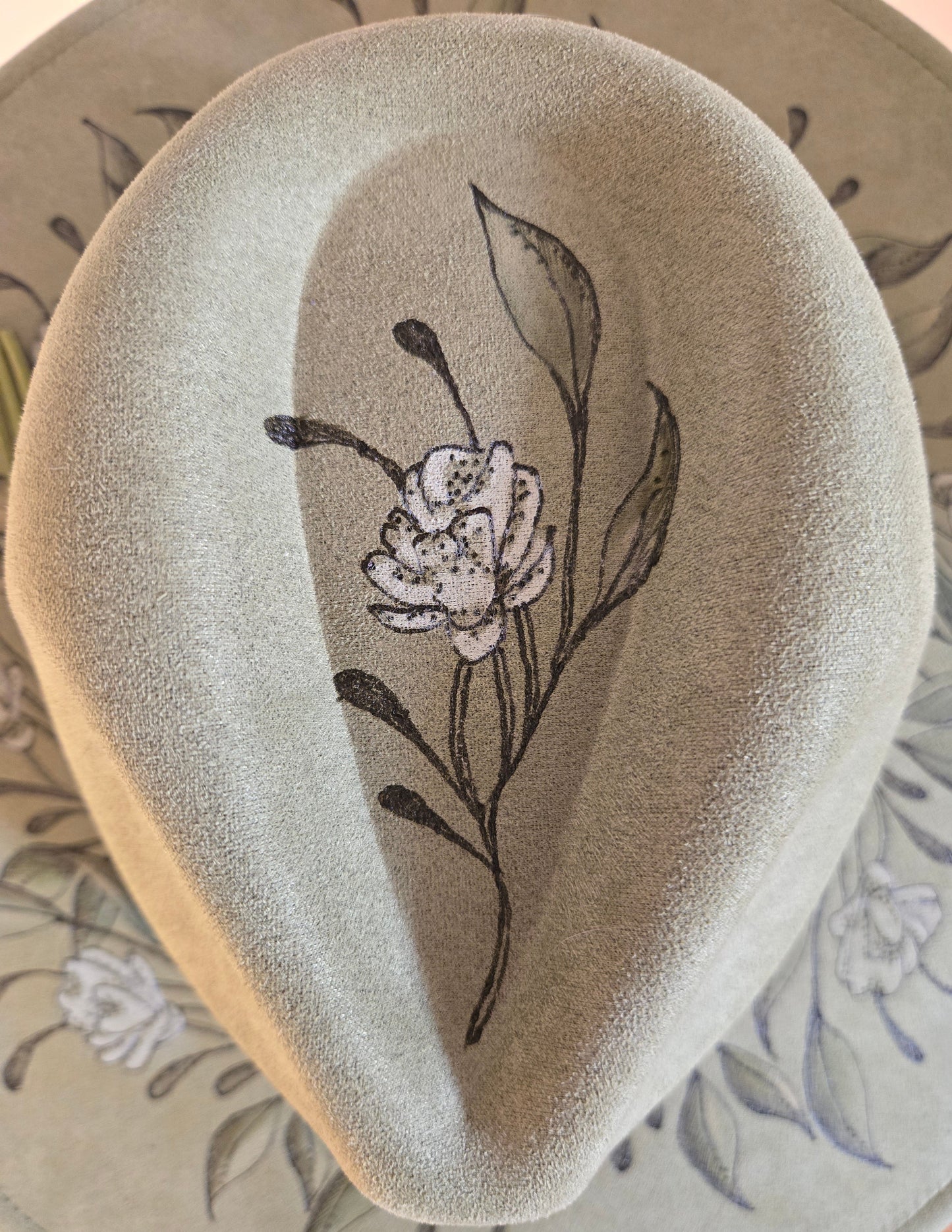 Sage Green Vegan Suede Fedora "Spring Buds"