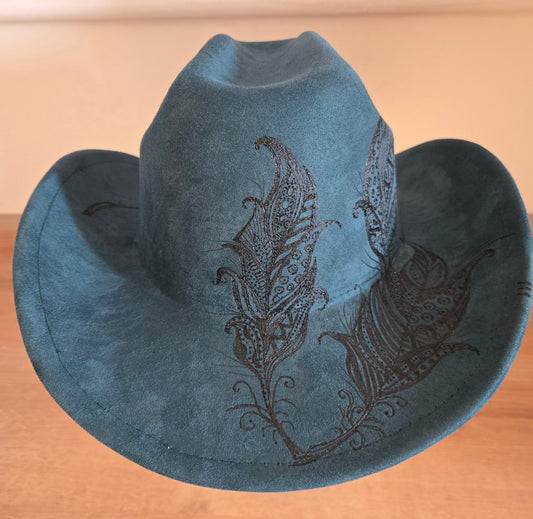 Petrol Blue Green Vegan Suede Fedora "Funky Feathers"