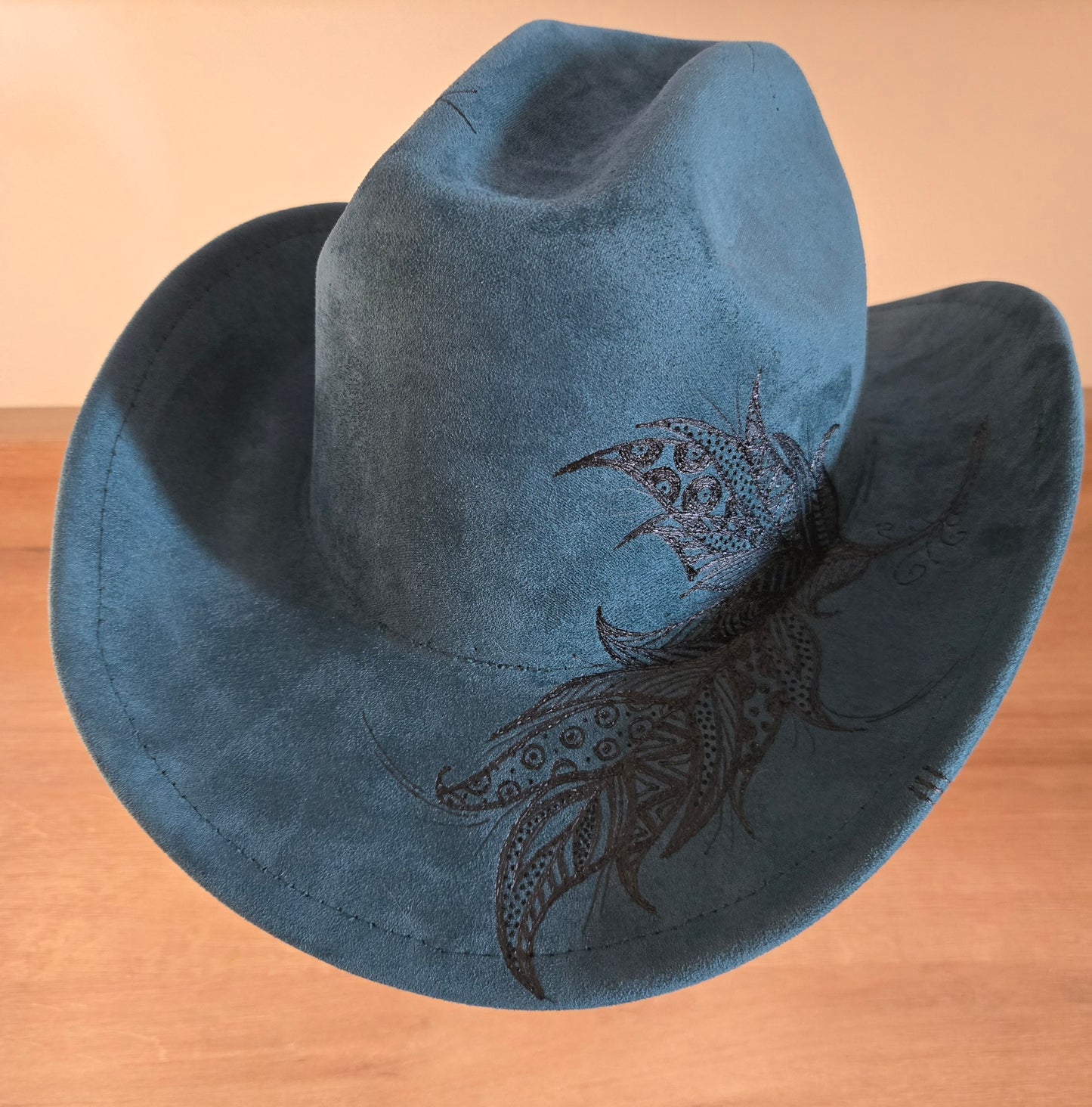 Petrol Blue Green Vegan Suede Fedora "Funky Feathers"