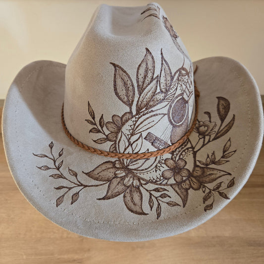 Hand Burned Western Hat – Light Stone Vegan Suede - "Girl Going Nowhere"