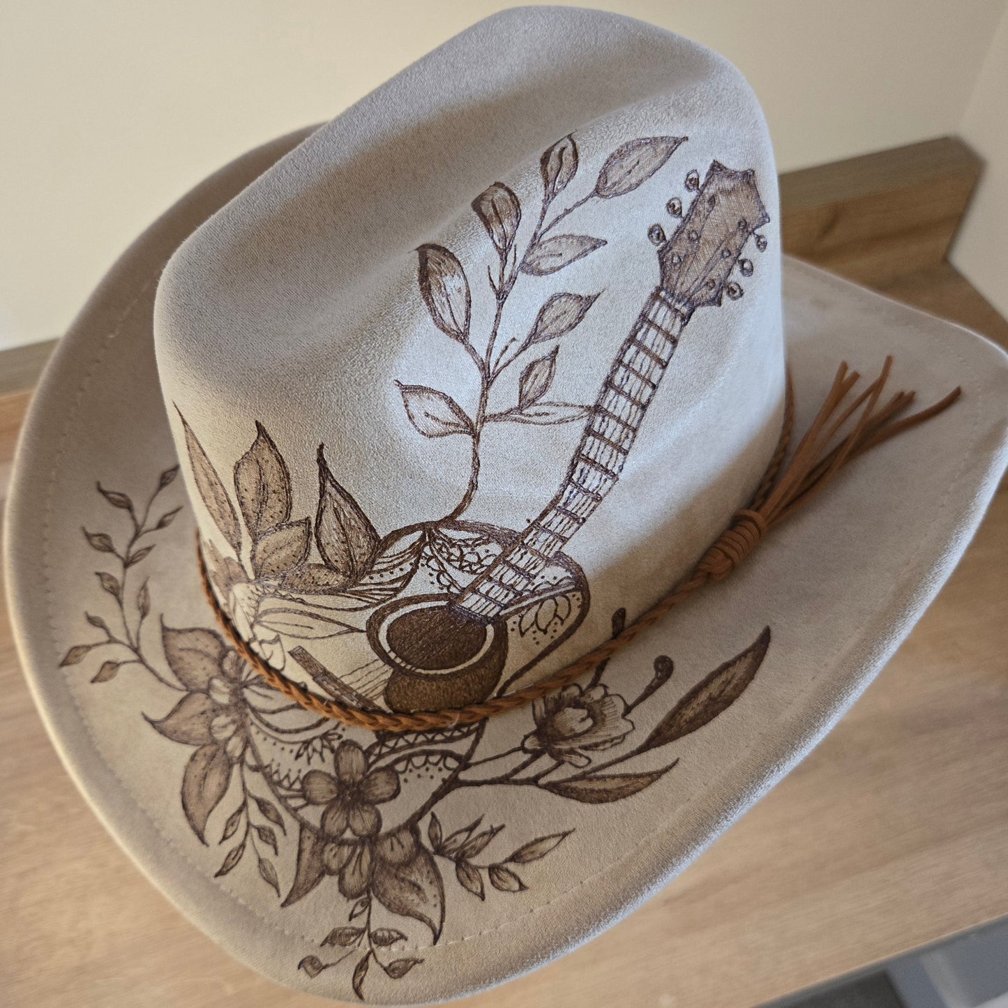 Hand Burned Western Hat – Light Stone Vegan Suede - "Girl Going Nowhere"