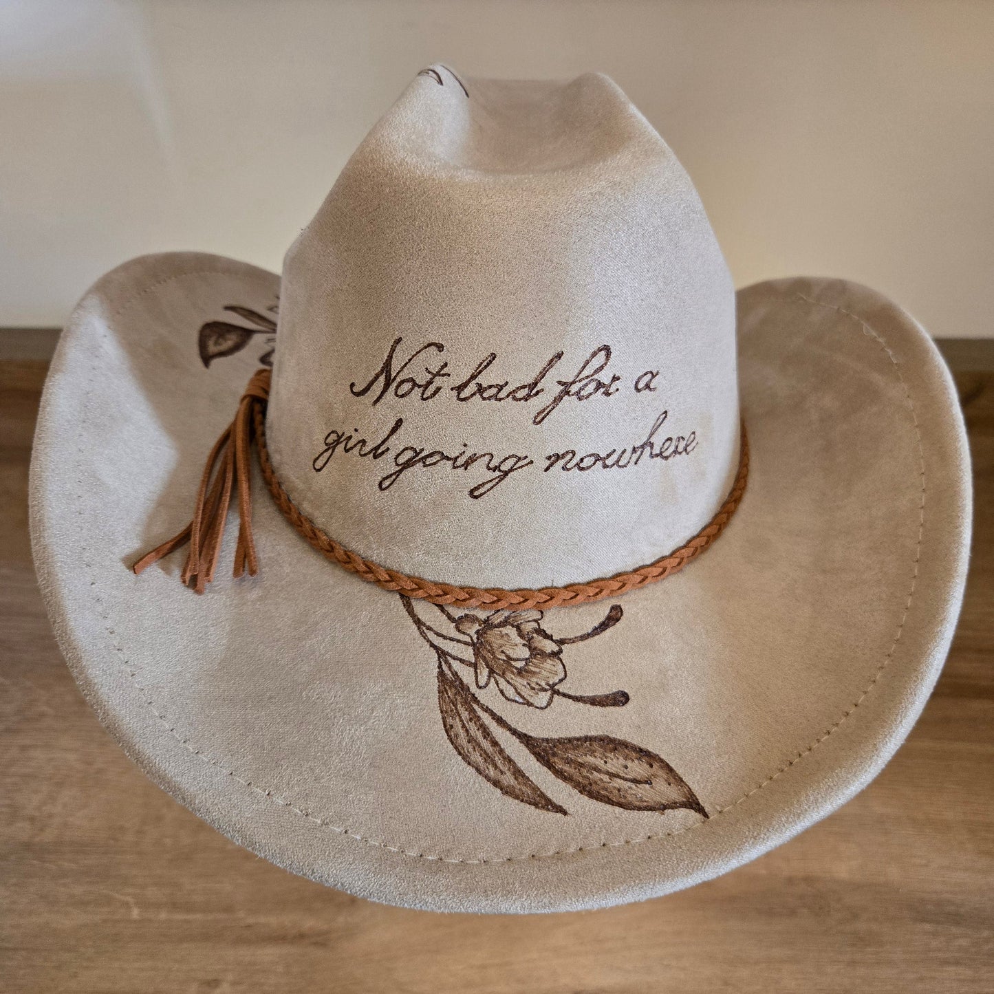 Hand Burned Western Hat – Light Stone Vegan Suede - "Girl Going Nowhere"
