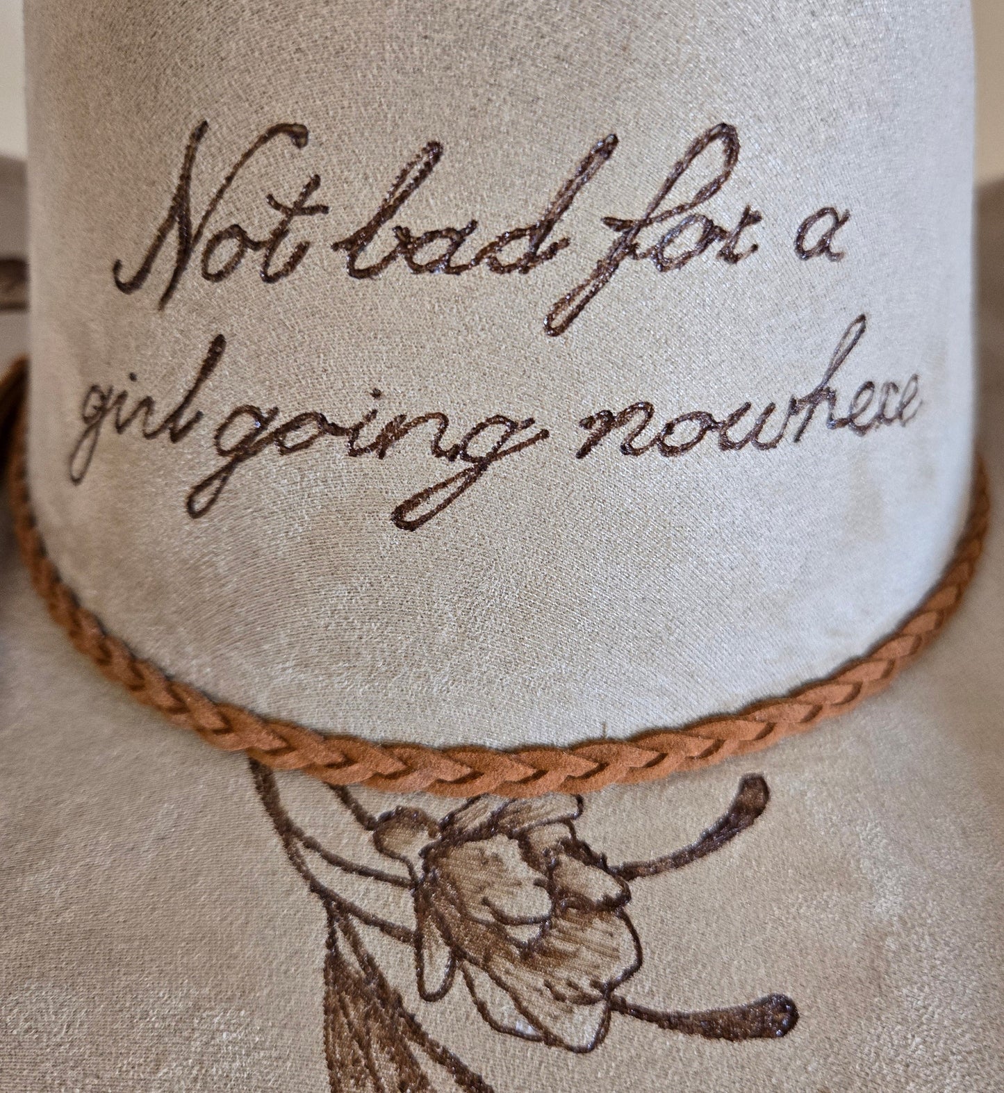 Hand Burned Western Hat – Light Stone Vegan Suede - "Girl Going Nowhere"