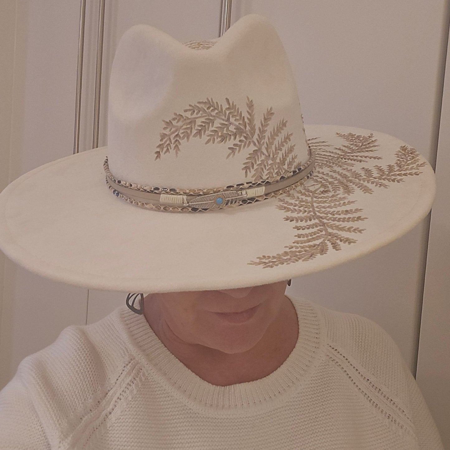 Soft White Hand Burned Fedora "Soft Ferns"