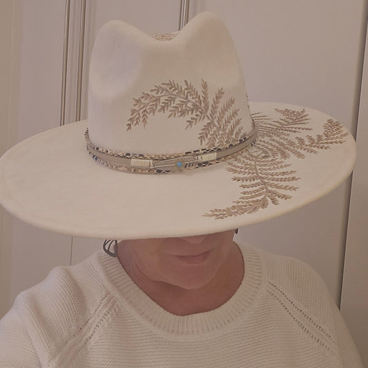 Soft White Hand Burned Fedora "Soft Ferns"