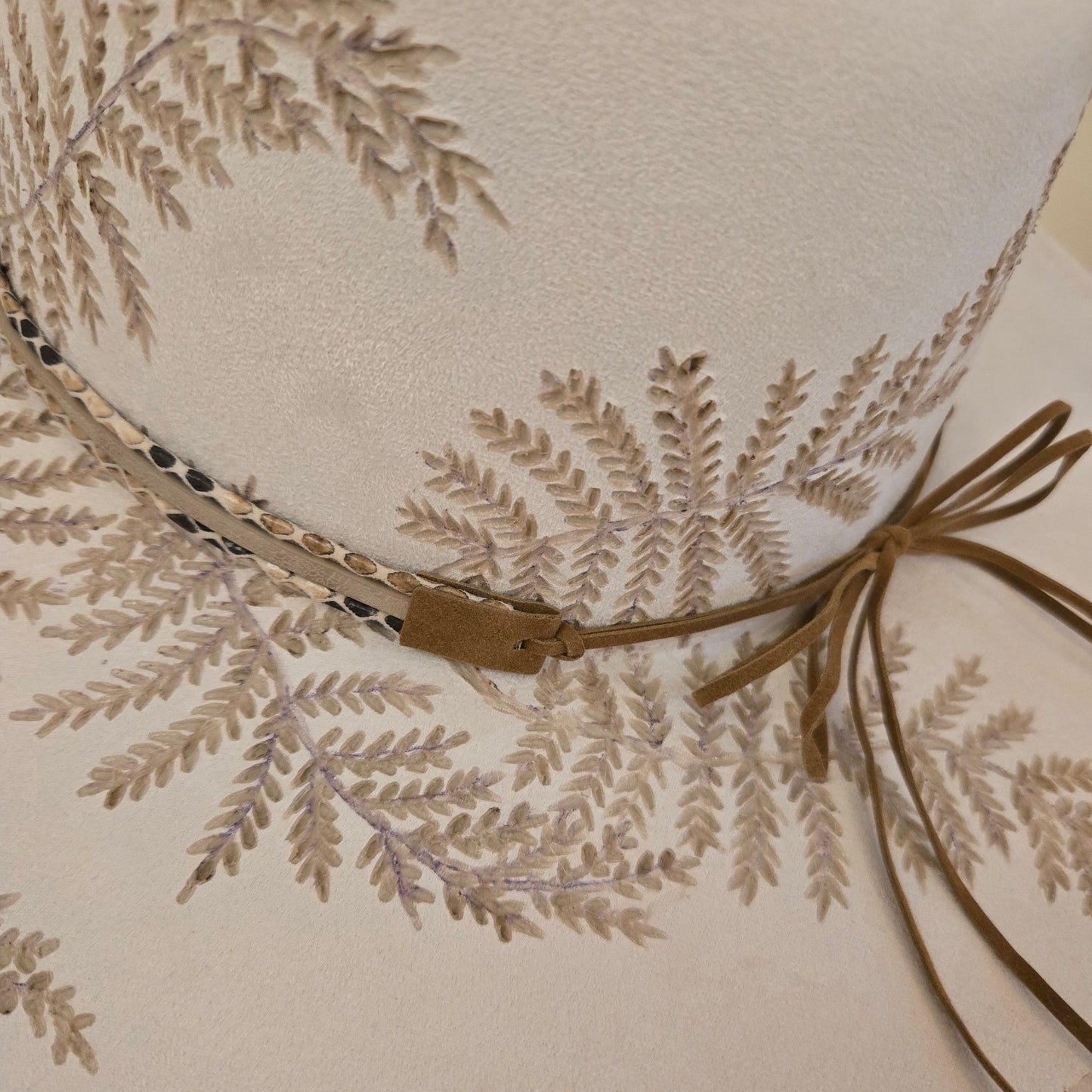 Soft White Hand Burned Fedora "Soft Ferns"