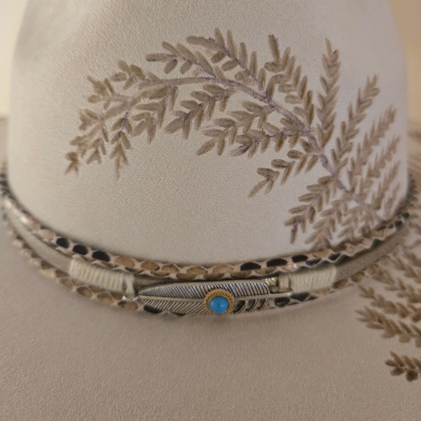 Soft White Hand Burned Fedora "Soft Ferns"