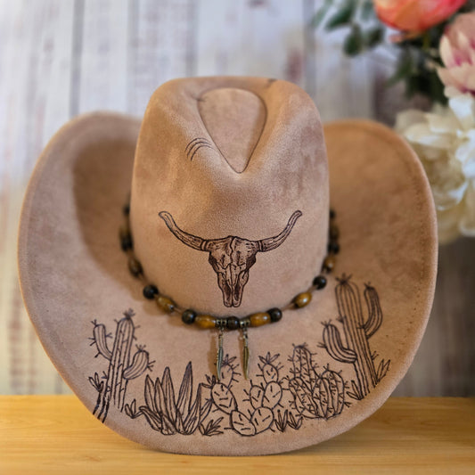 Hand Burned Western Hat – Tan Vegan Suede - "Wild West"
