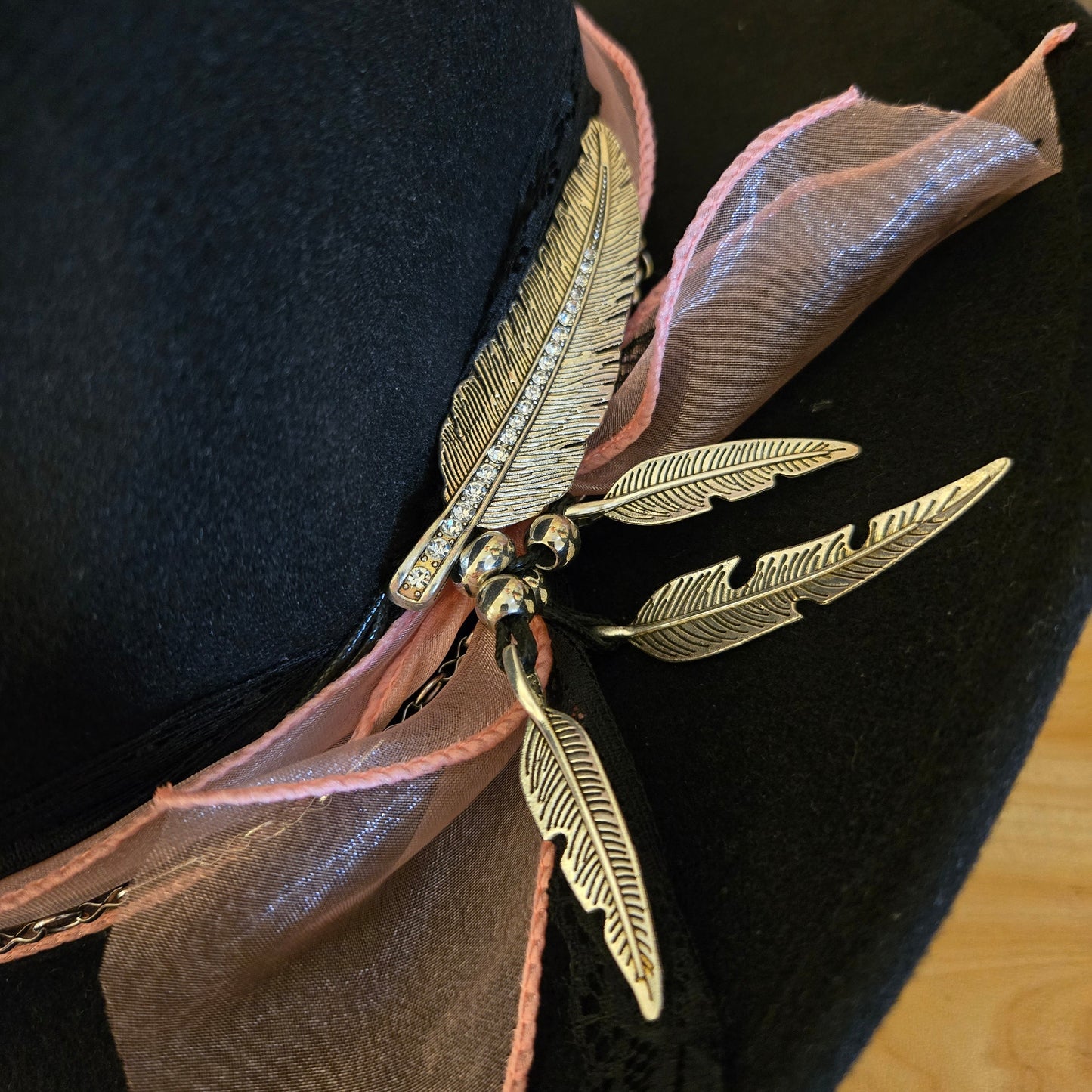 Black Wool Western Hat with Pink Sheer Ribbon, Silver Chain & Diamanté Feathers