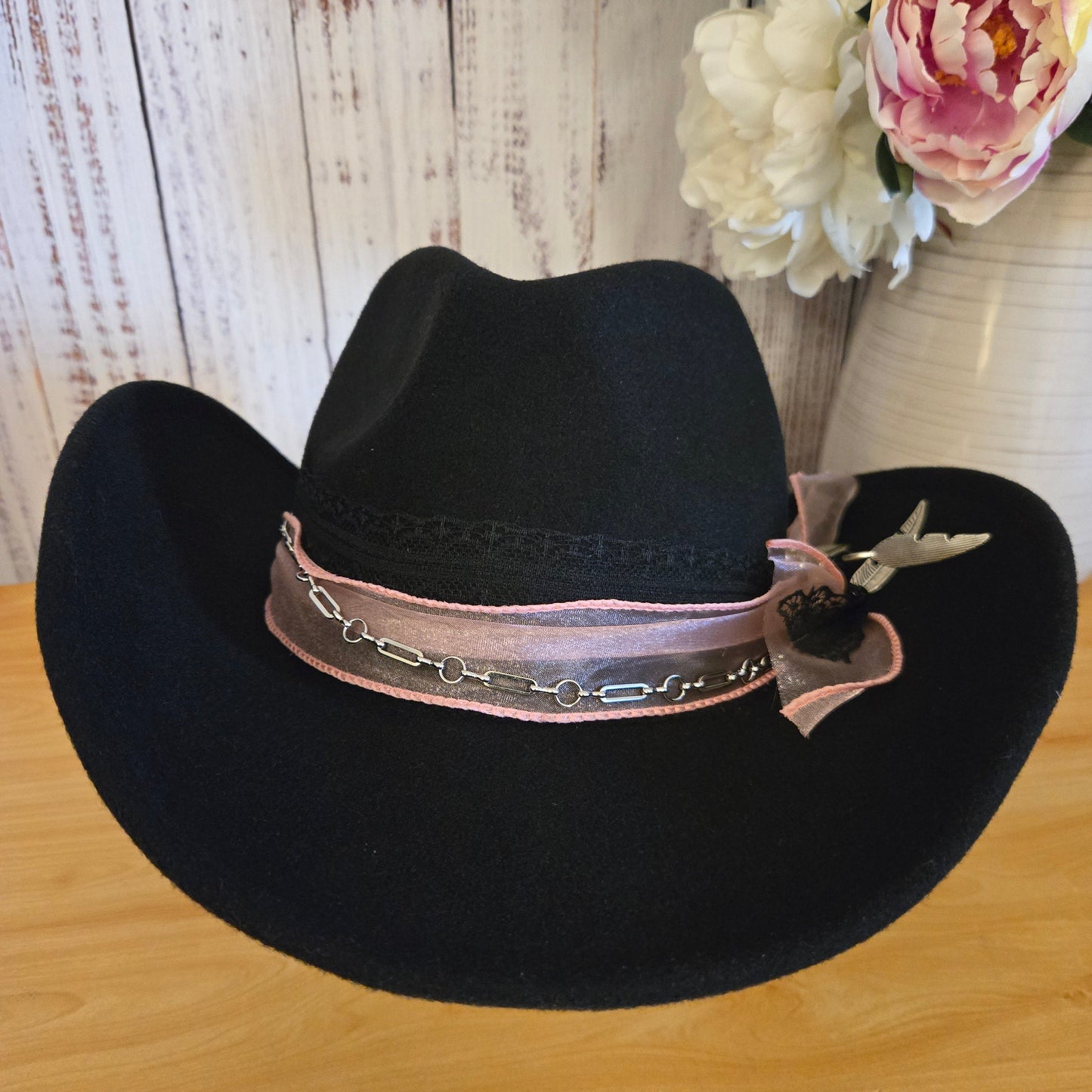 Black Wool Western Hat with Pink Sheer Ribbon, Silver Chain & Diamanté Feathers
