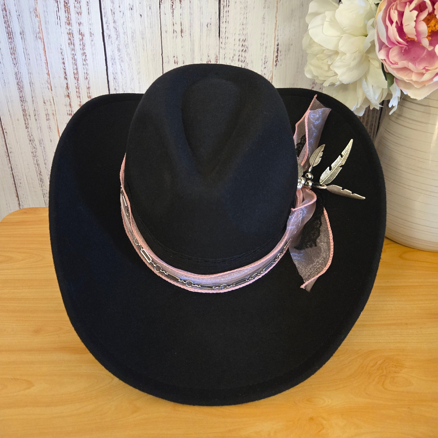 Black Wool Western Hat with Pink Sheer Ribbon, Silver Chain & Diamanté Feathers