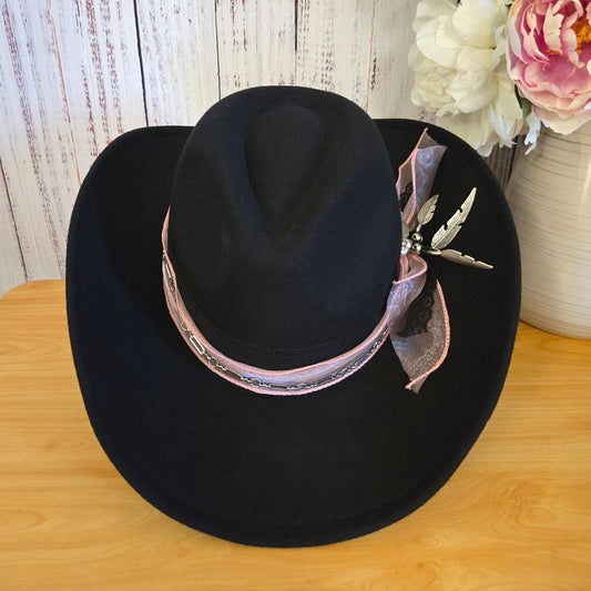 Black Wool Western Hat with Pink Sheer Ribbon, Silver Chain & Diamanté Feathers