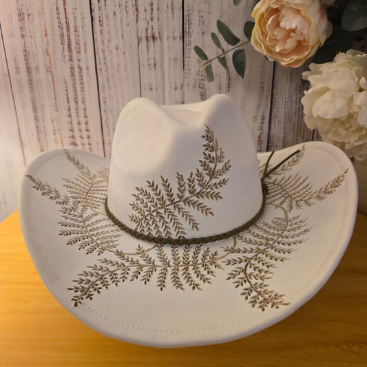 White Hand Burned Fedora - Curved Western Brim  "Fresh Ferns"