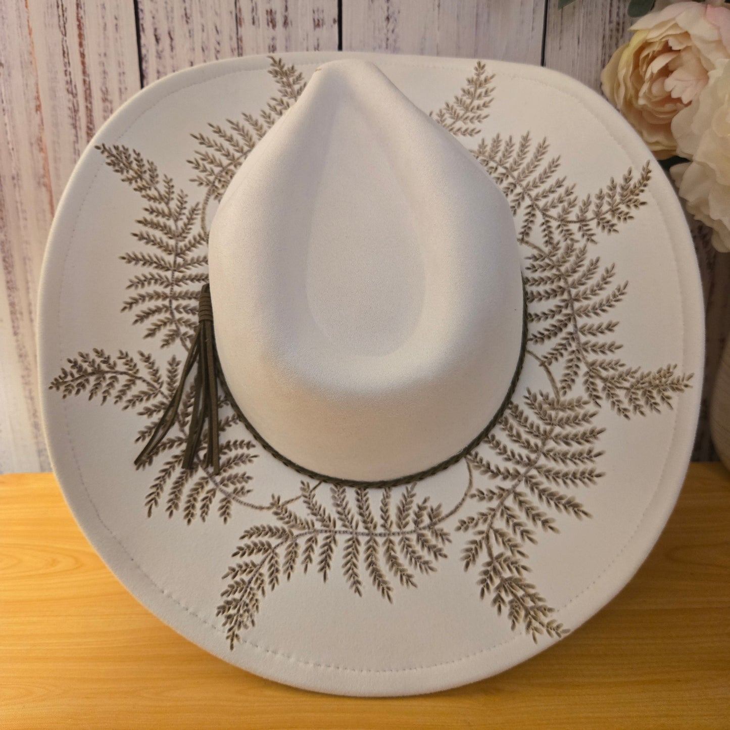White Hand Burned Fedora - Curved Western Brim  "Fresh Ferns"