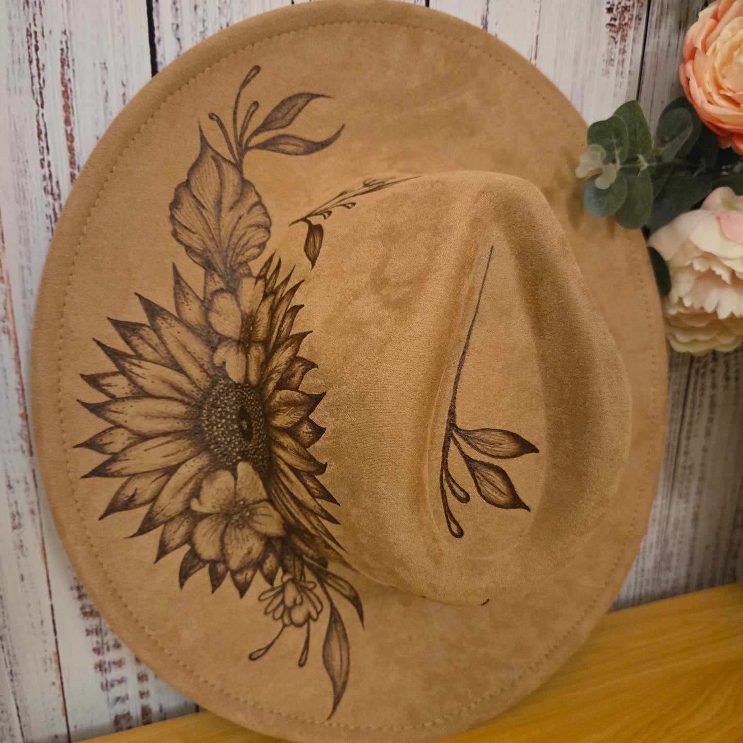 Hand Burned Fedora Hat – Tan Vegan Suede - 'Blooms'
