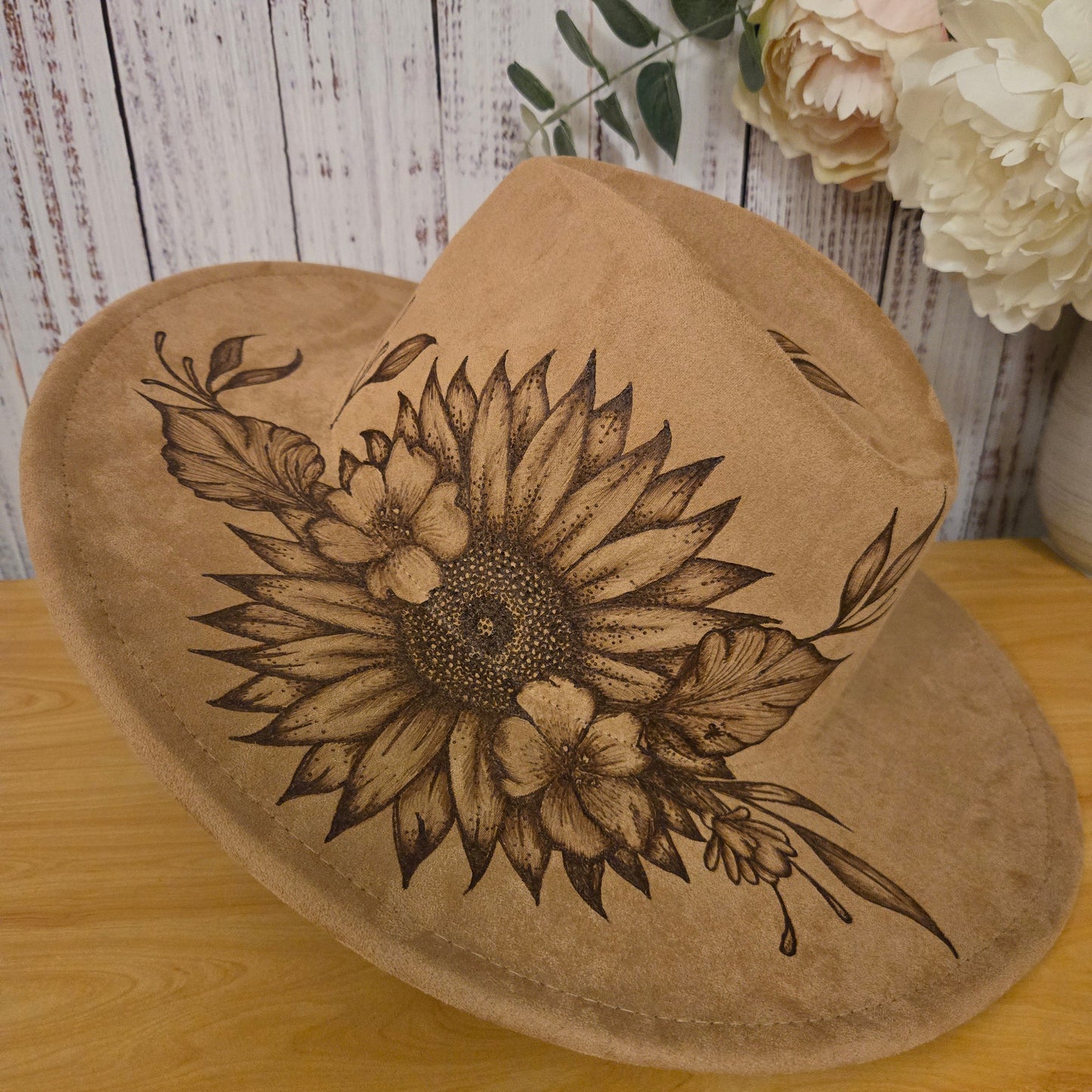 Hand Burned Fedora Hat – Tan Vegan Suede - 'Blooms'