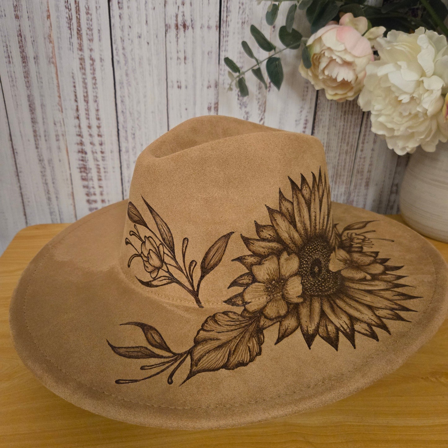 Hand Burned Fedora Hat – Tan Vegan Suede - 'Blooms'