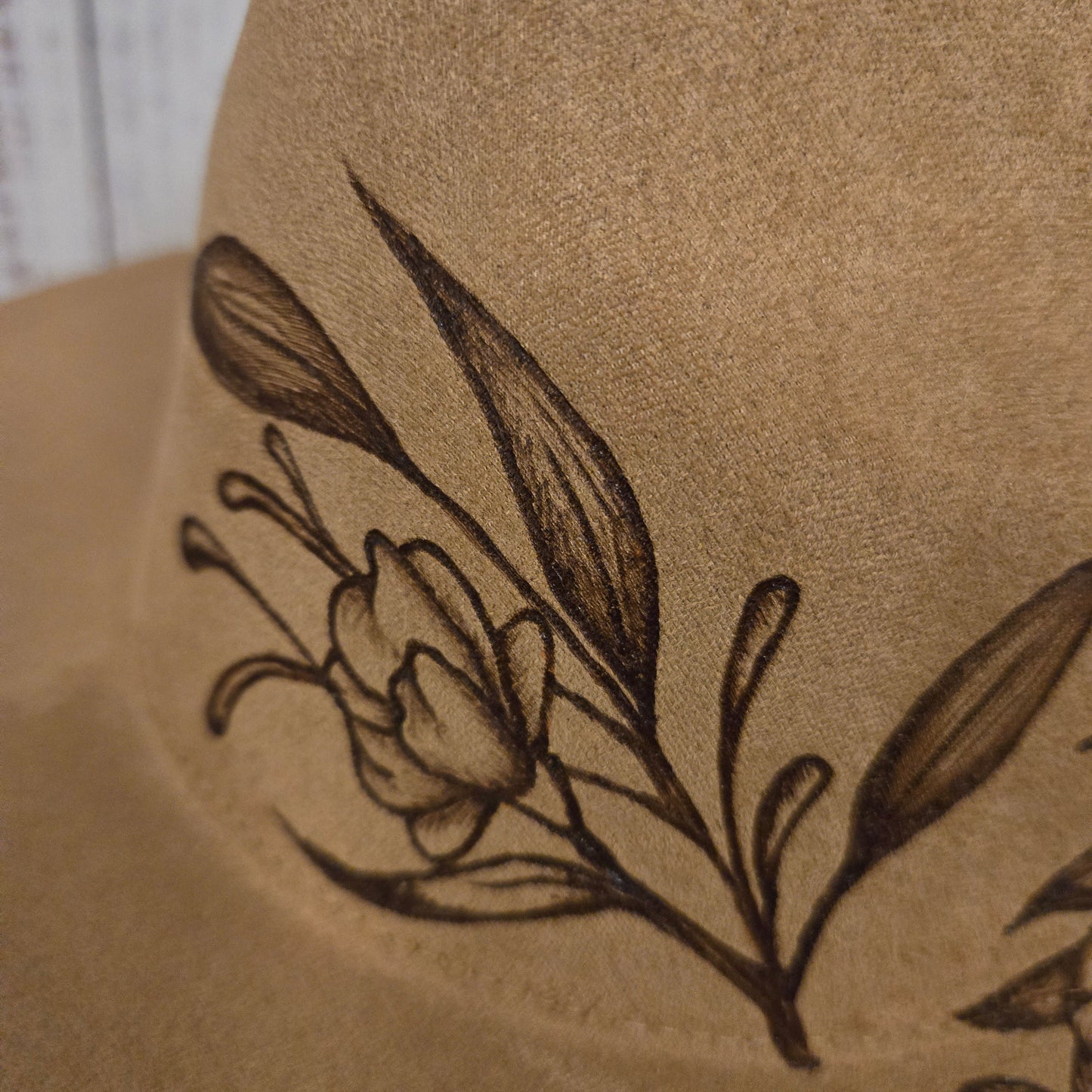 Hand Burned Fedora Hat – Tan Vegan Suede - 'Blooms'