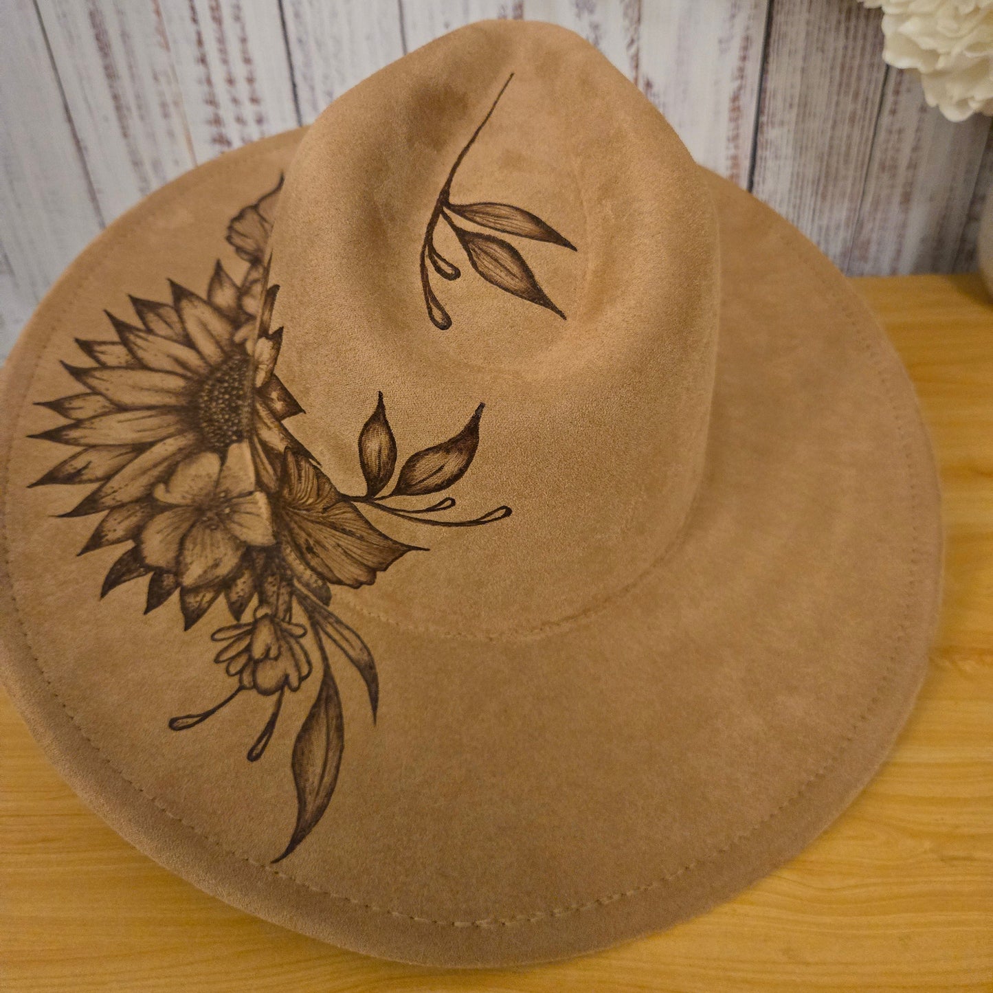 Hand Burned Fedora Hat – Tan Vegan Suede - 'Blooms'