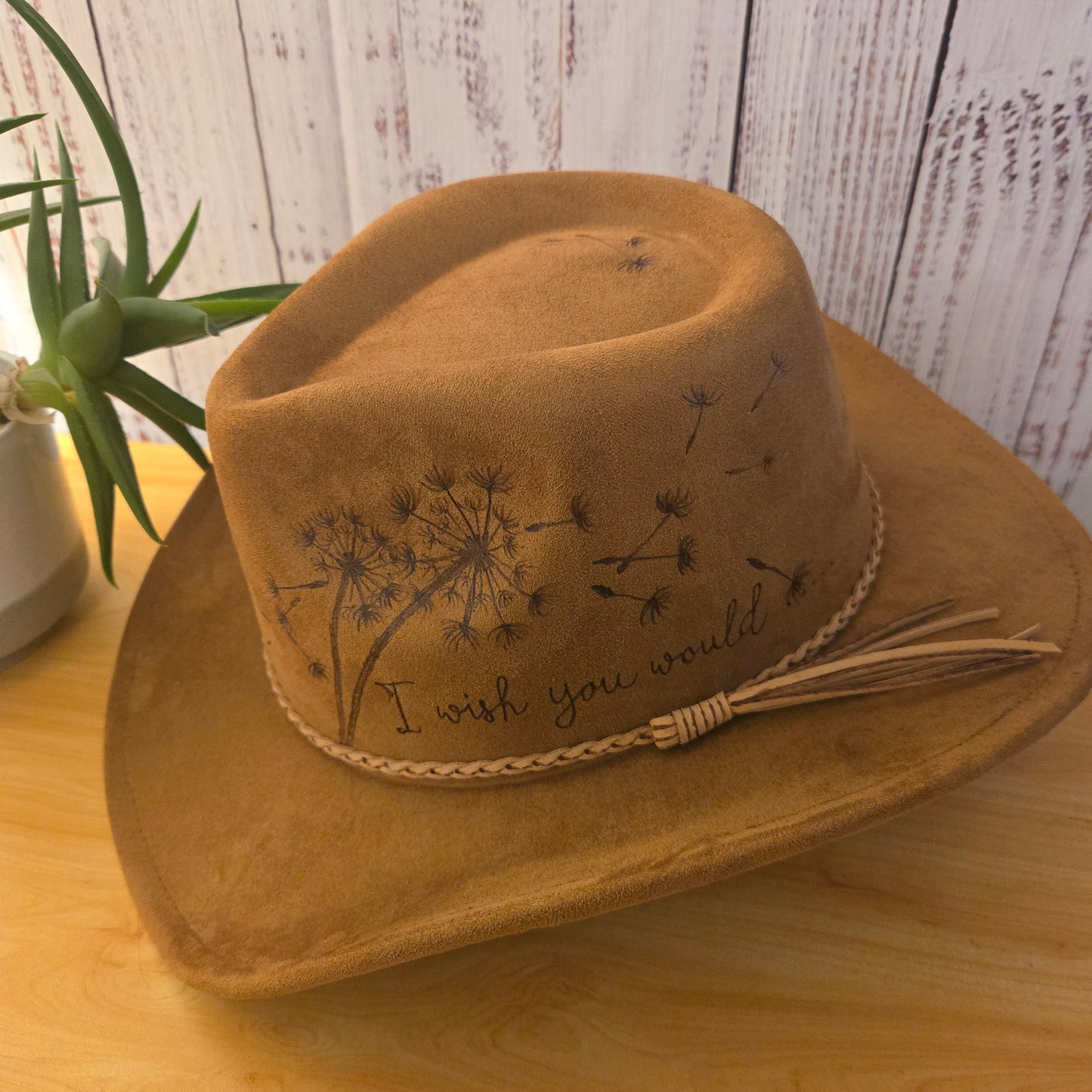 Hand Burned Western Hat – Tan Vegan Suede - "I Wish You Would"