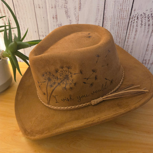 Hand Burned Western Hat – Tan Vegan Suede - "I Wish You Would"