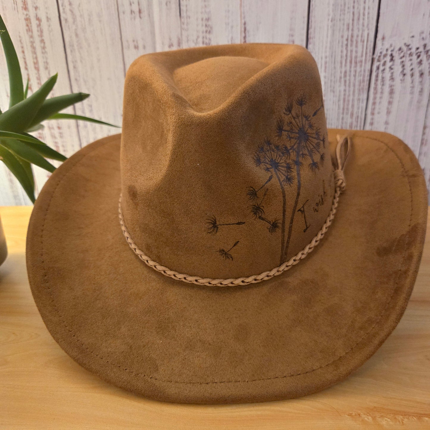 Hand Burned Western Hat – Tan Vegan Suede - "I Wish You Would"