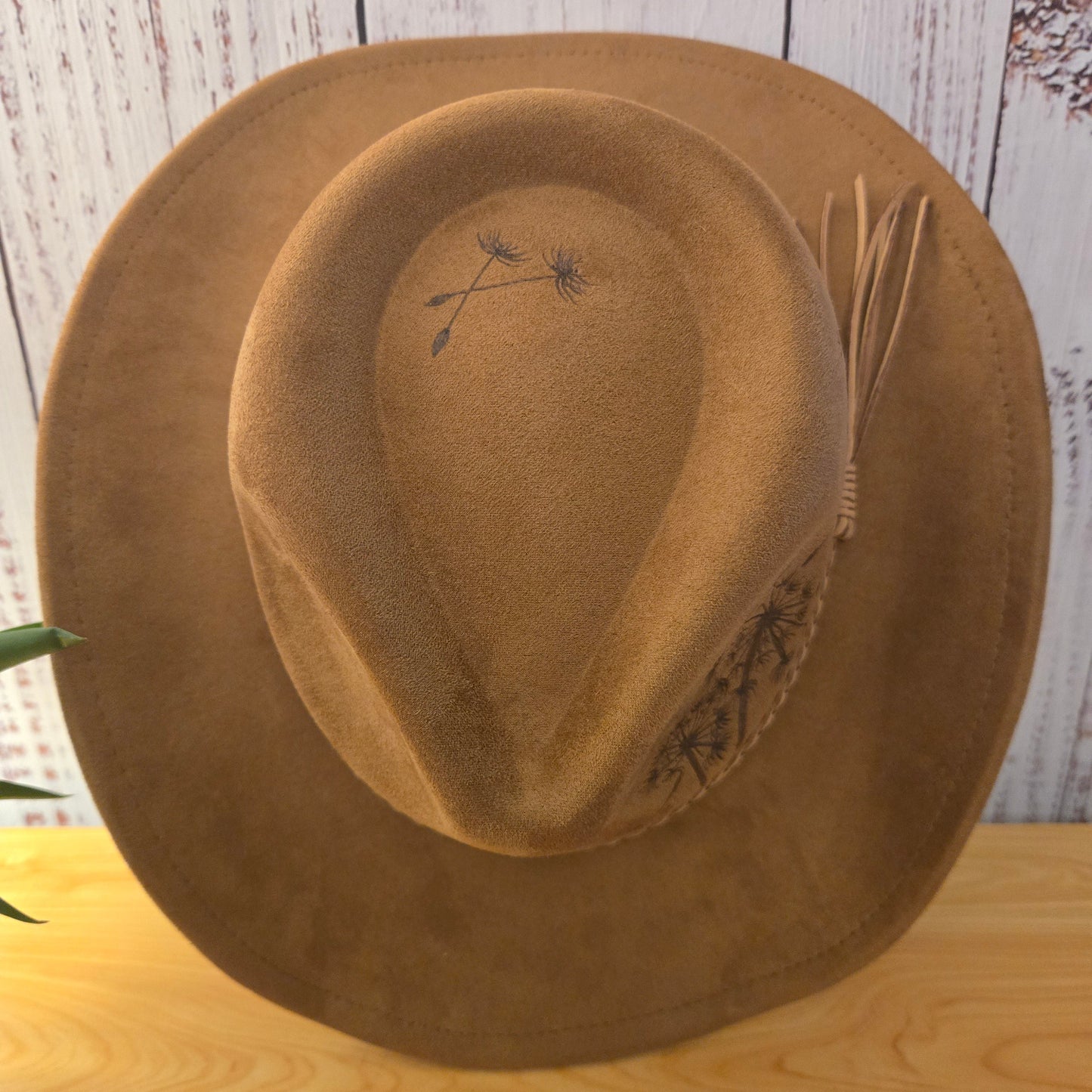Hand Burned Western Hat – Tan Vegan Suede - "I Wish You Would"