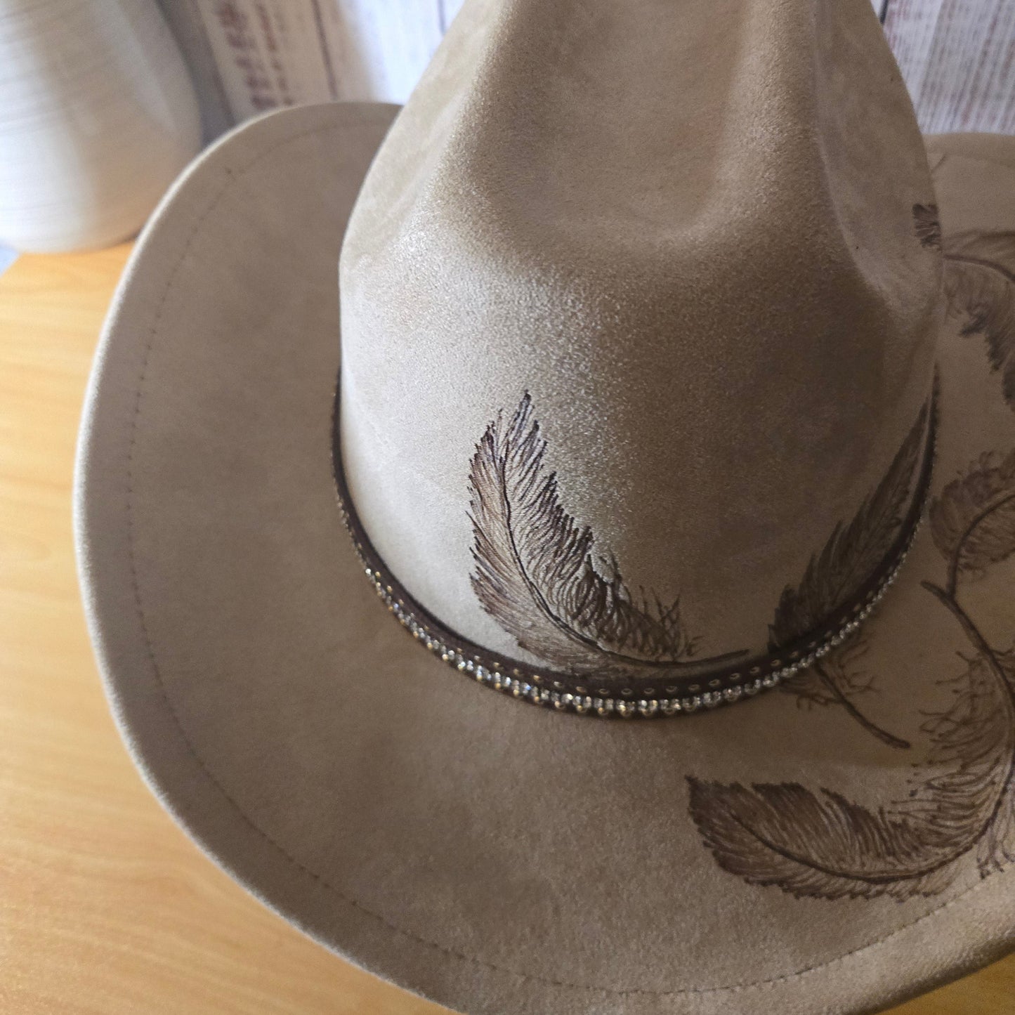 Hand Burned Western Hat – Vegan Suede - 'Whisper of Feathers'