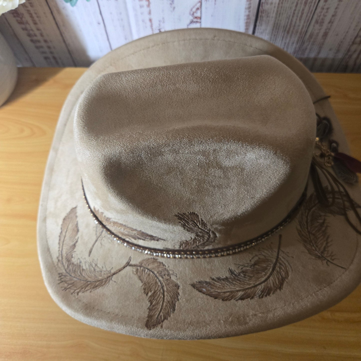 Hand Burned Western Hat – Vegan Suede - 'Whisper of Feathers'