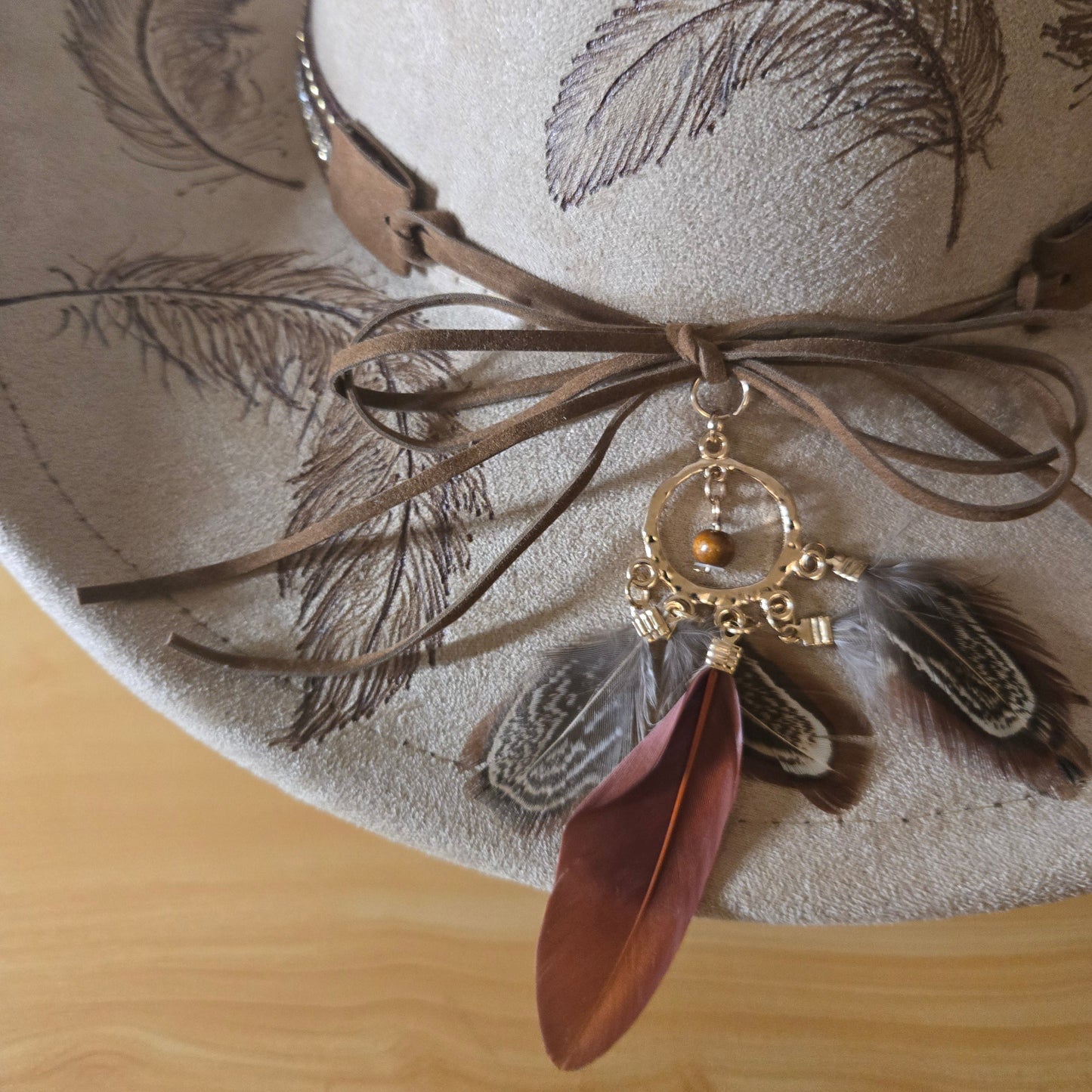 Hand Burned Western Hat – Vegan Suede - 'Whisper of Feathers'