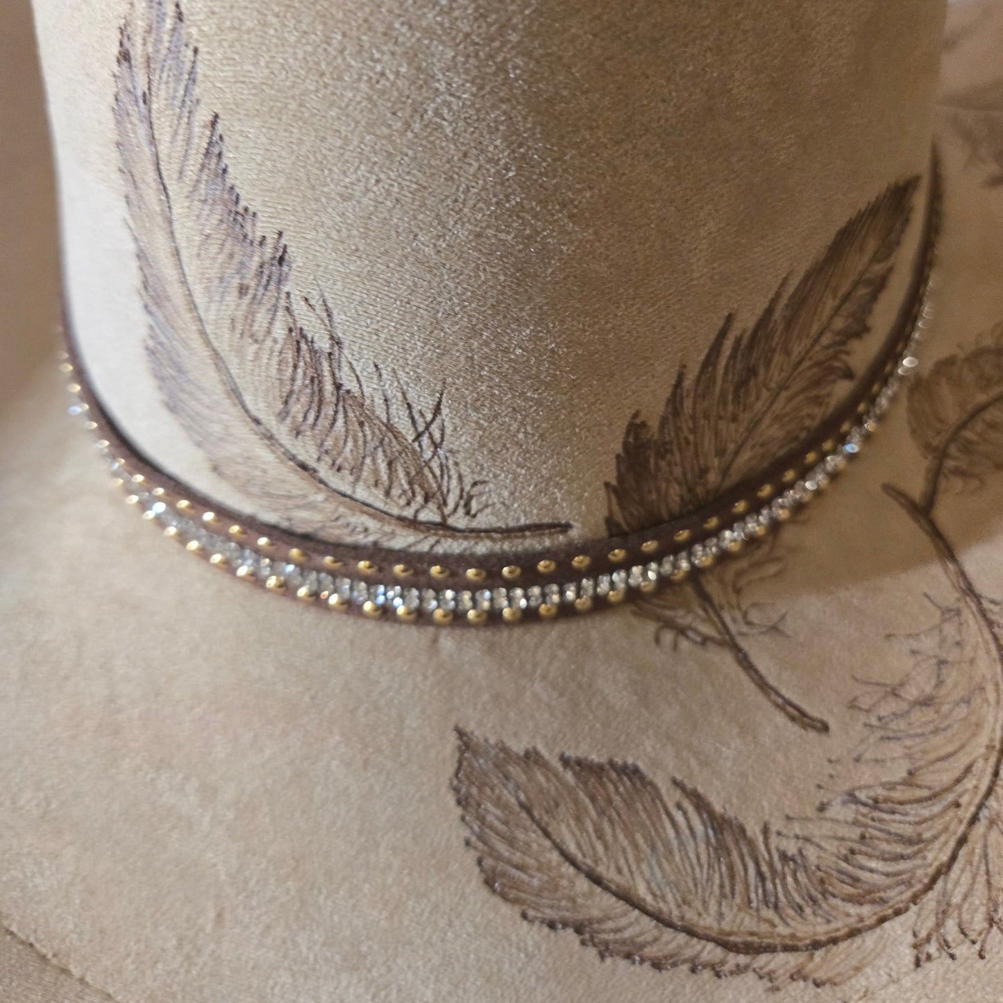 Hand Burned Western Hat – Vegan Suede - 'Whisper of Feathers'