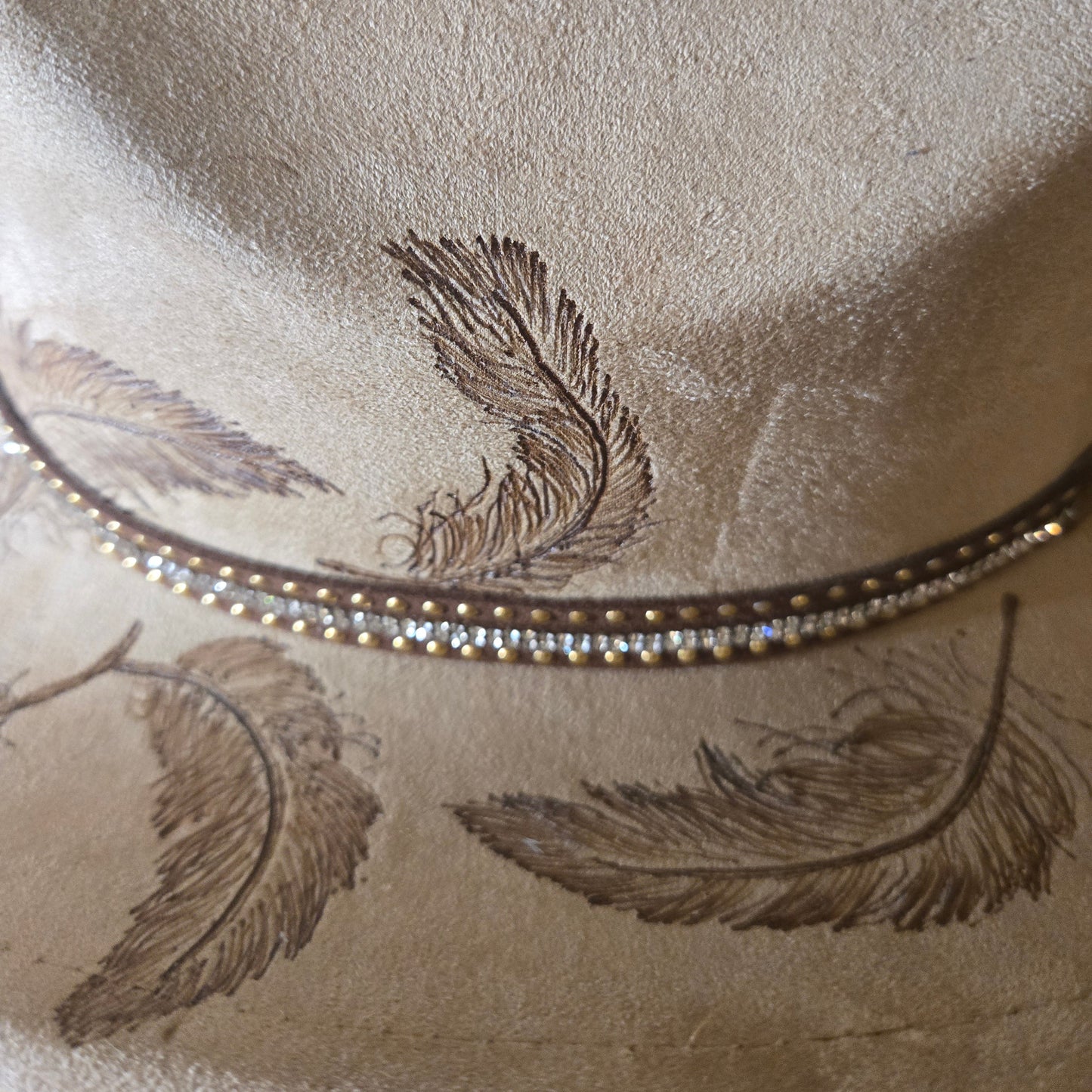 Hand Burned Western Hat – Vegan Suede - 'Whisper of Feathers'
