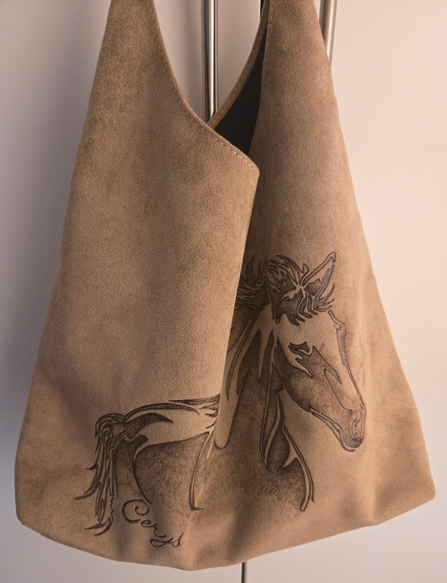 Tan Vegan Suede Bag Embellished with Hand Burned "Wild Horse"
