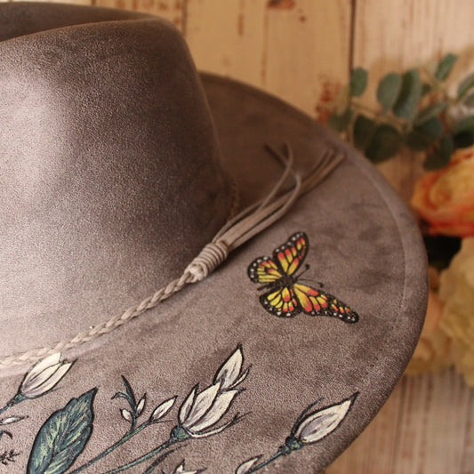 Grey Vegan Suede Hat with Roses, Wildflowers & Butterflies – Hand-burned and Painted Design