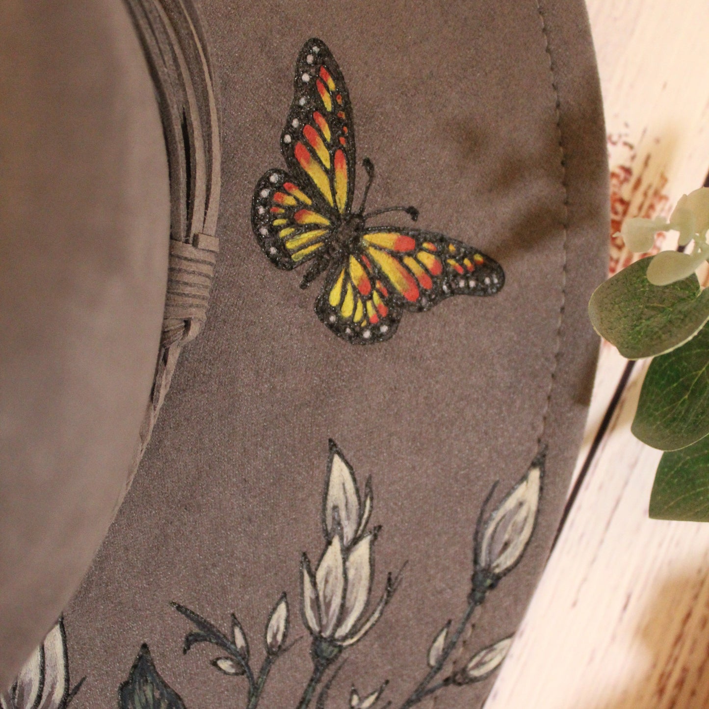 Grey Vegan Suede Hat with Roses, Wildflowers & Butterflies – Hand-burned and Painted Design