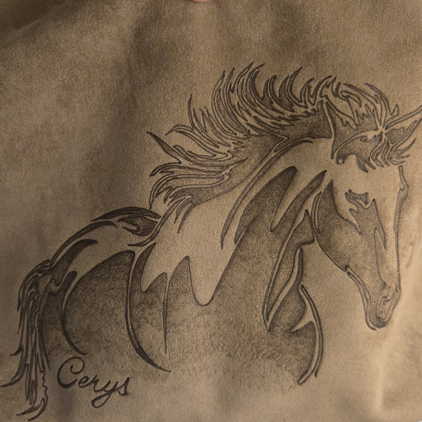 Tan Vegan Suede Bag Embellished with Hand Burned "Wild Horse"
