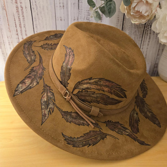 Hand Burned Fedora Hat – Vegan Suede - 'Fall Feathers'