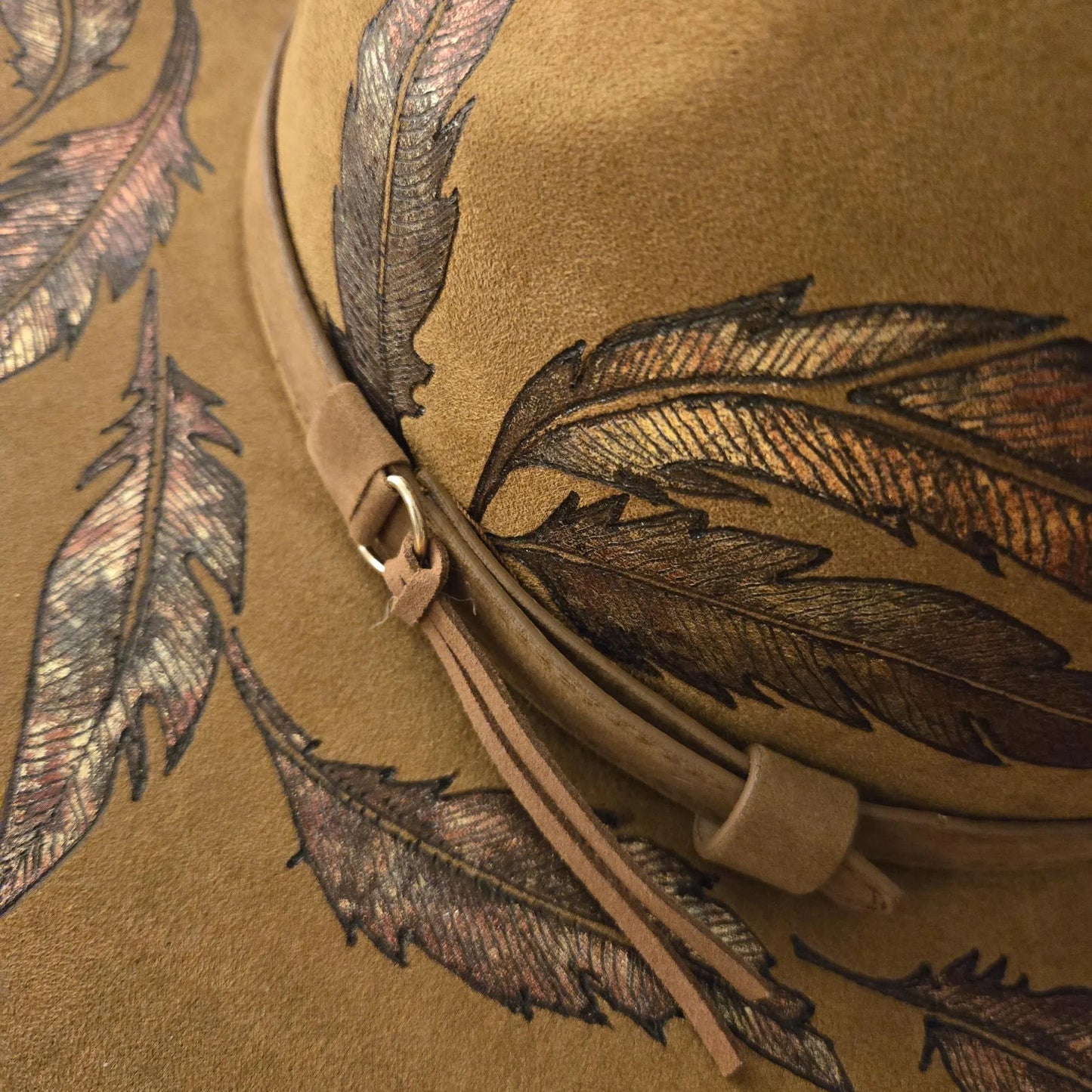 Hand Burned Fedora Hat – Vegan Suede - 'Fall Feathers'
