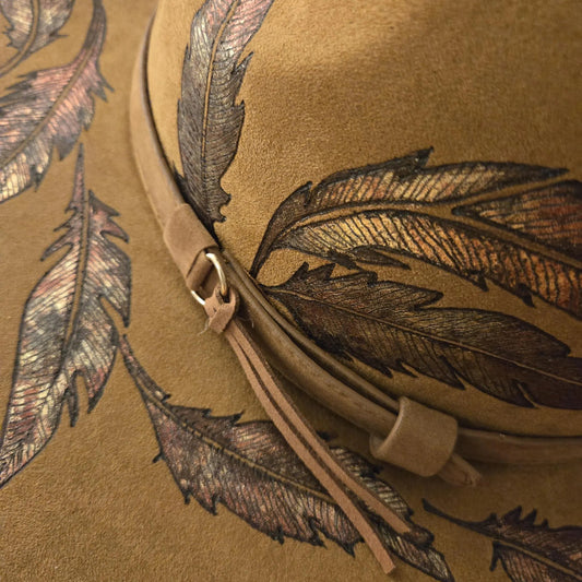 Hand Burned Fedora Hat – Vegan Suede - 'Fall Feathers'