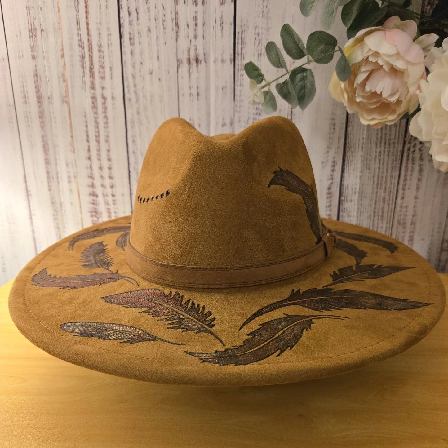 Hand Burned Fedora Hat – Vegan Suede - 'Fall Feathers'