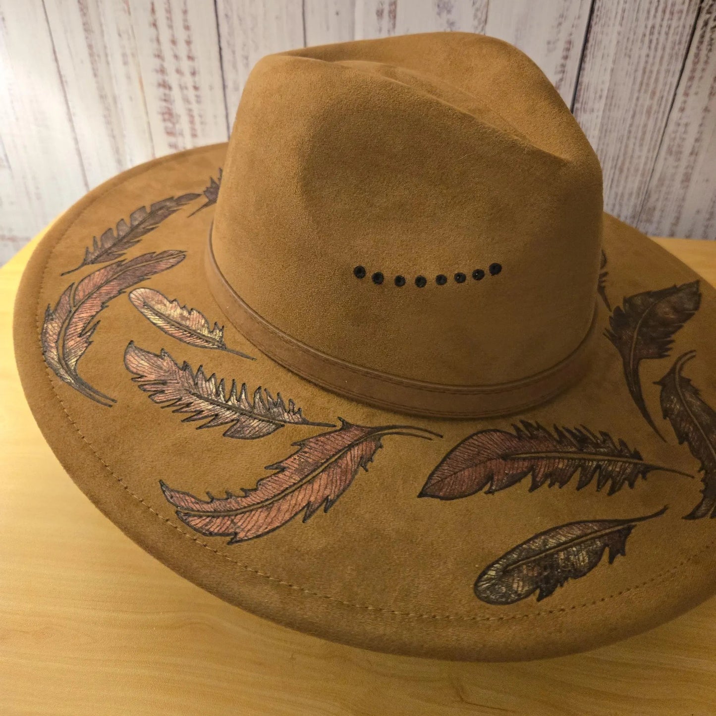 Hand Burned Fedora Hat – Vegan Suede - 'Fall Feathers'