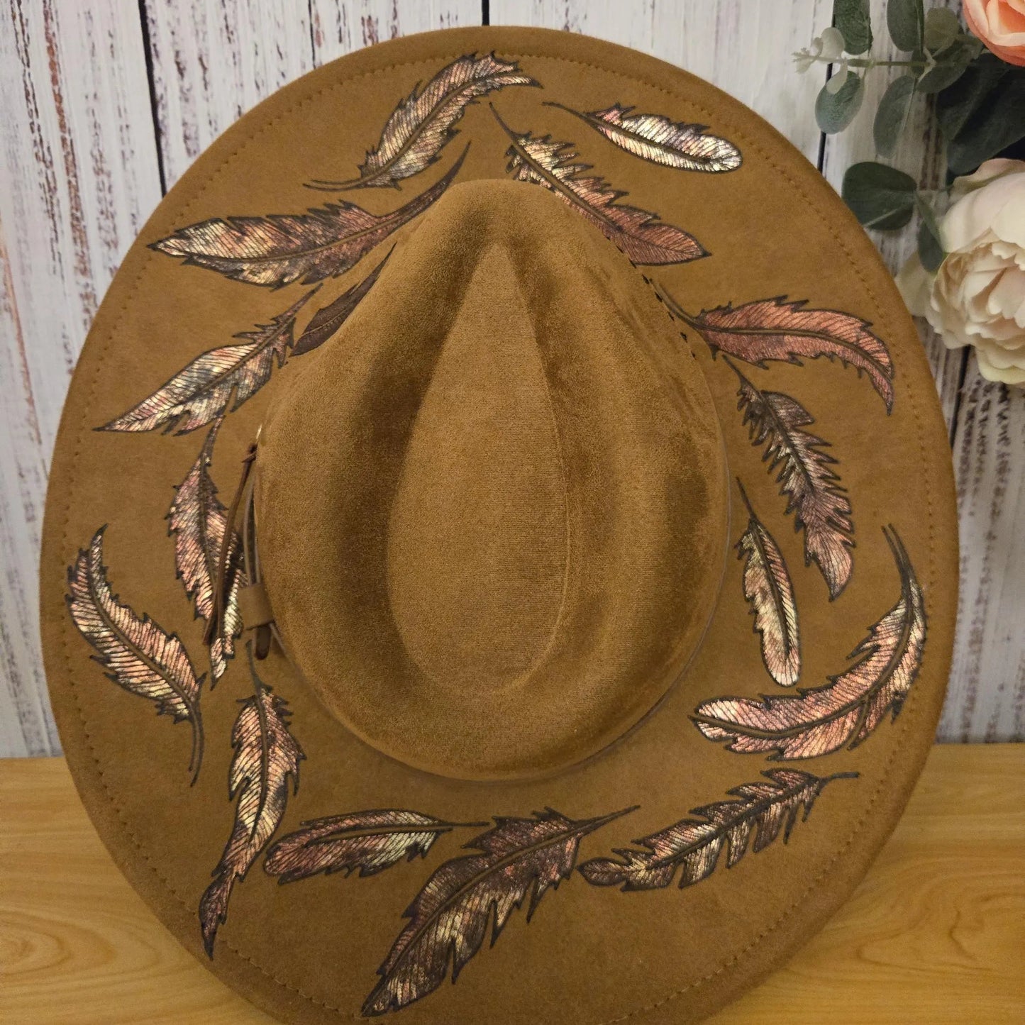 Hand Burned Fedora Hat – Vegan Suede - 'Fall Feathers'