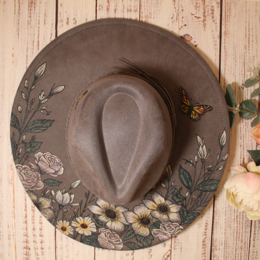 Grey Vegan Suede Hat with Roses, Wildflowers & Butterflies – Hand-burned and Painted Design