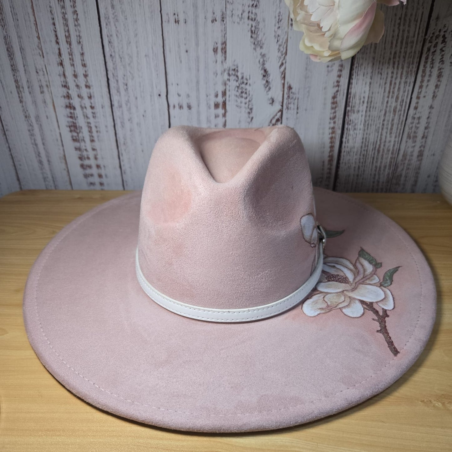 Dusky Pink Vegan Suede Hand Burned and Painted Fedora "Magnolia Bloom"