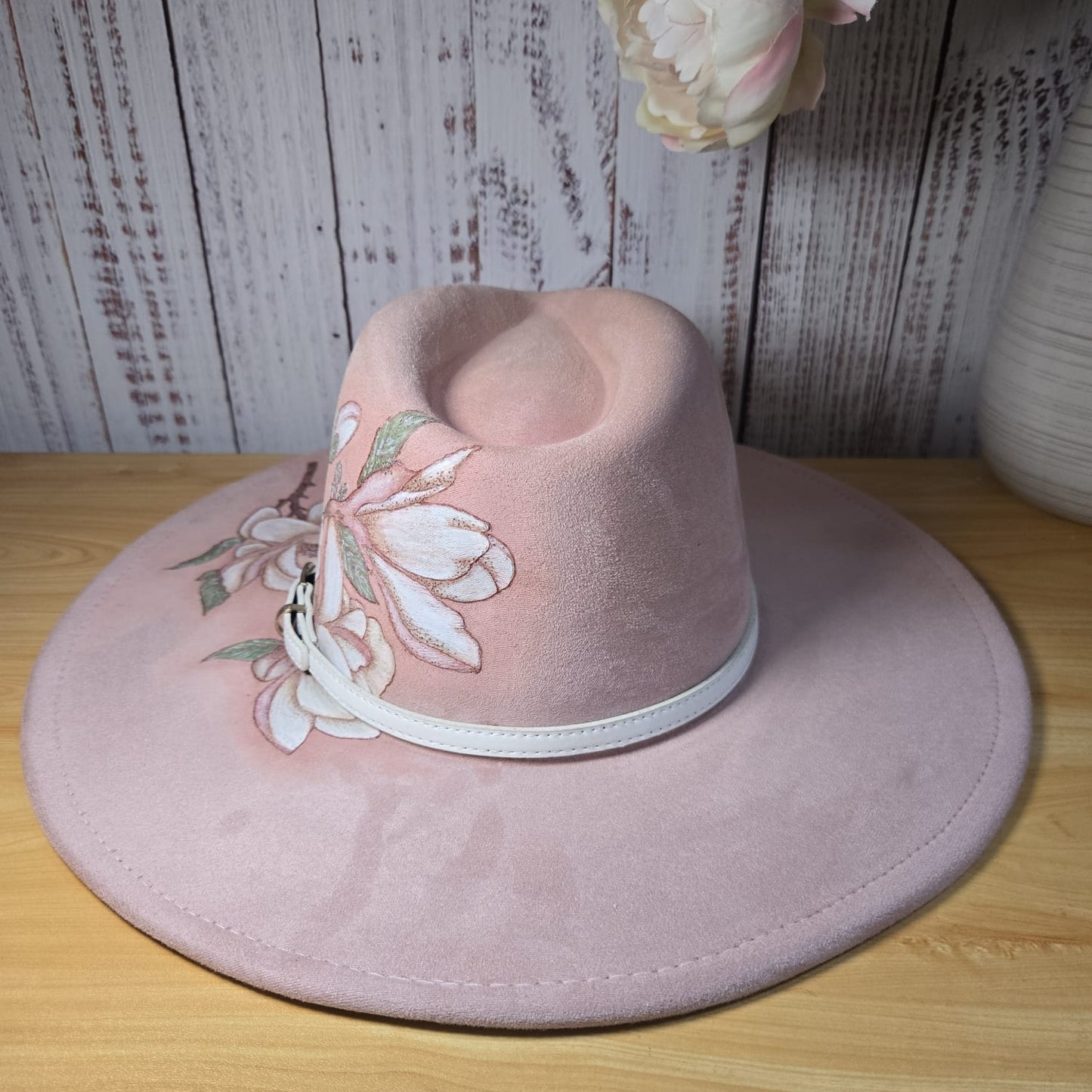 Dusky Pink Vegan Suede Hand Burned and Painted Fedora "Magnolia Bloom"